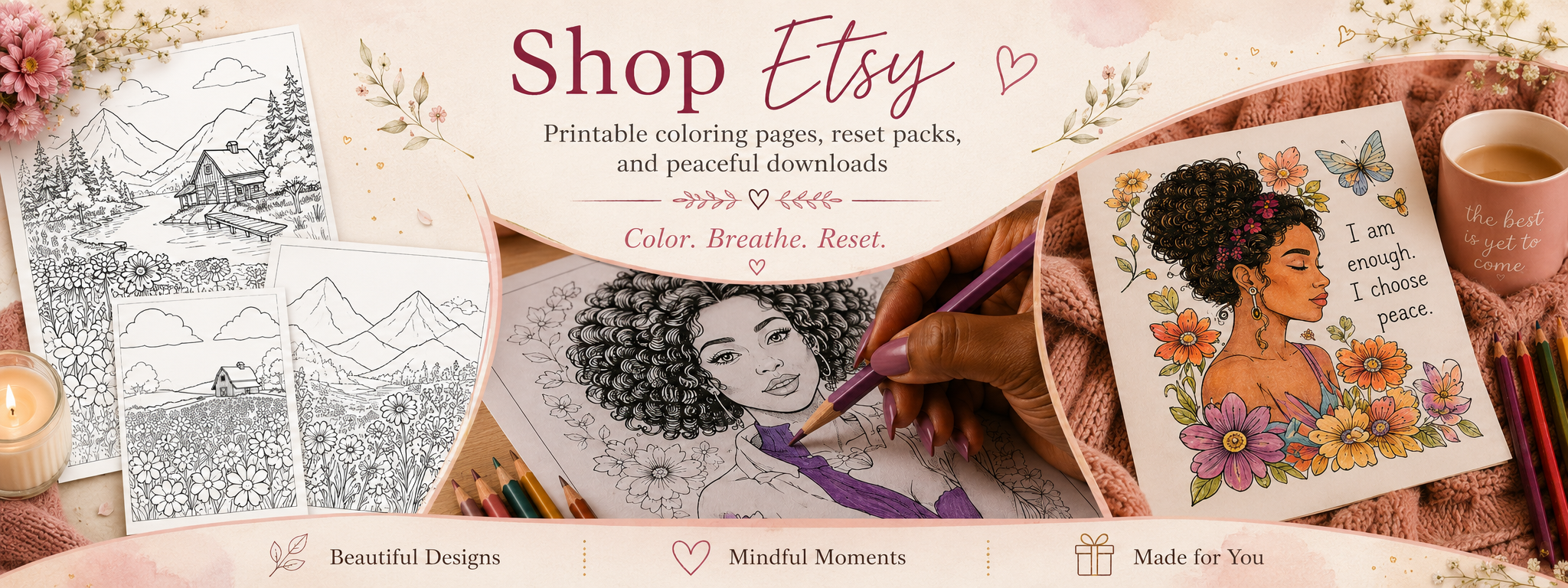 Color With Marenda on Etsy, printable coloring pages, reset packs, and peaceful downloads